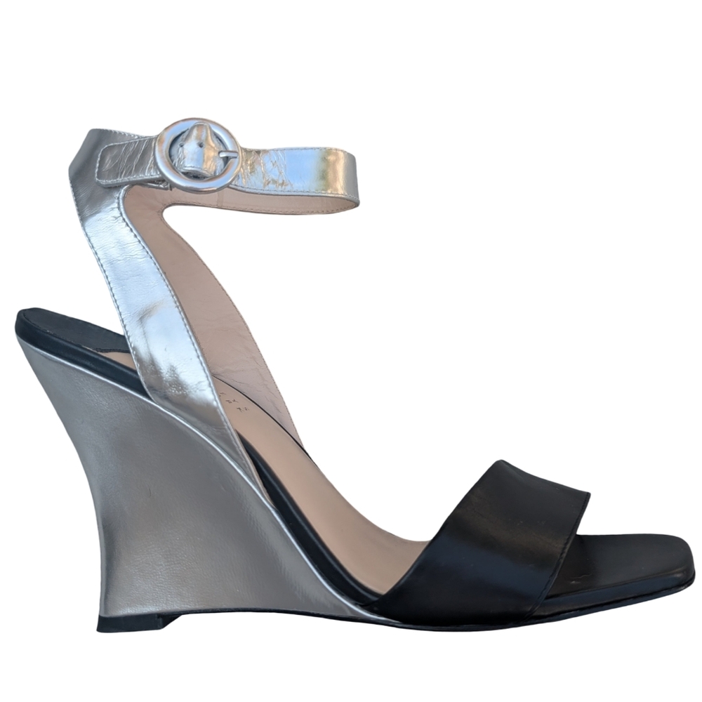 Barneys New York Silver Wedge Sandals Size 9 Ankle Strap Heels Designer Formal